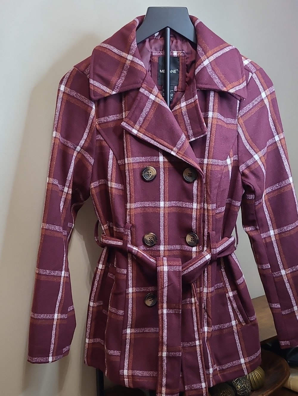 Me Jane Burgundy Plaid Double-Breasted Belted Wool Blend Pea Coat size Medium